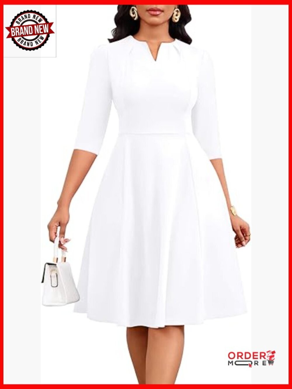 Semi Formal Fit and Flare Dress with Pockets 3/4 Sleeve Midi